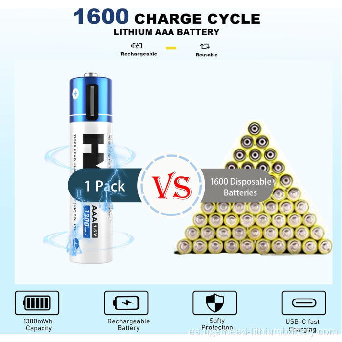 4 baterías de litio recargables USB-C de 1,5 V AAA 1300 mWh